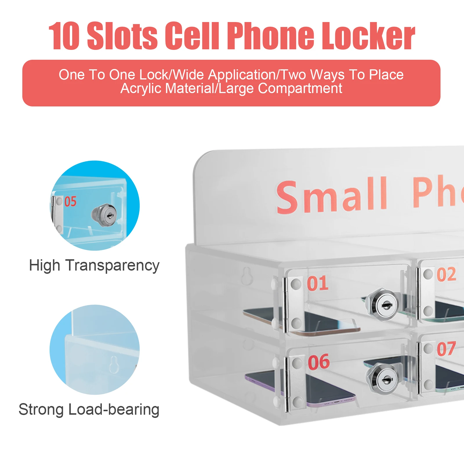 Cell Phone Lockers with High Security, Acrylic Material, Each Slot with Exclusive Key, Easy Wall Mounting, Compact Design,