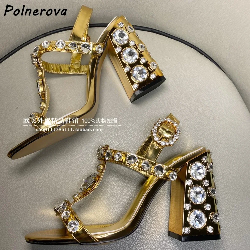 

Rhinestone T Strap Gold Silvery Sandals Round Toe Chunky Heels Buckle Strap Slingback Shoes Women's Luxury Crystal Summer Shoes