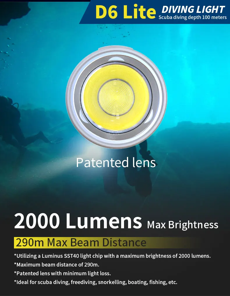 2000 Lumens Diving Flashlight IP68 Waterproof Magnetic Charging System Design Scuba Diving Outdoor Activities Fishing Light