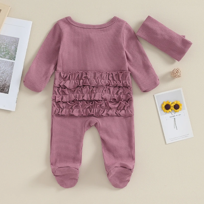 Tregren-Barboteuse à manches longues pour nouveau-né, grenouillère à volants et col rond pour bébé fille de 0 à 3 mois, vêtement avec bande de sauna