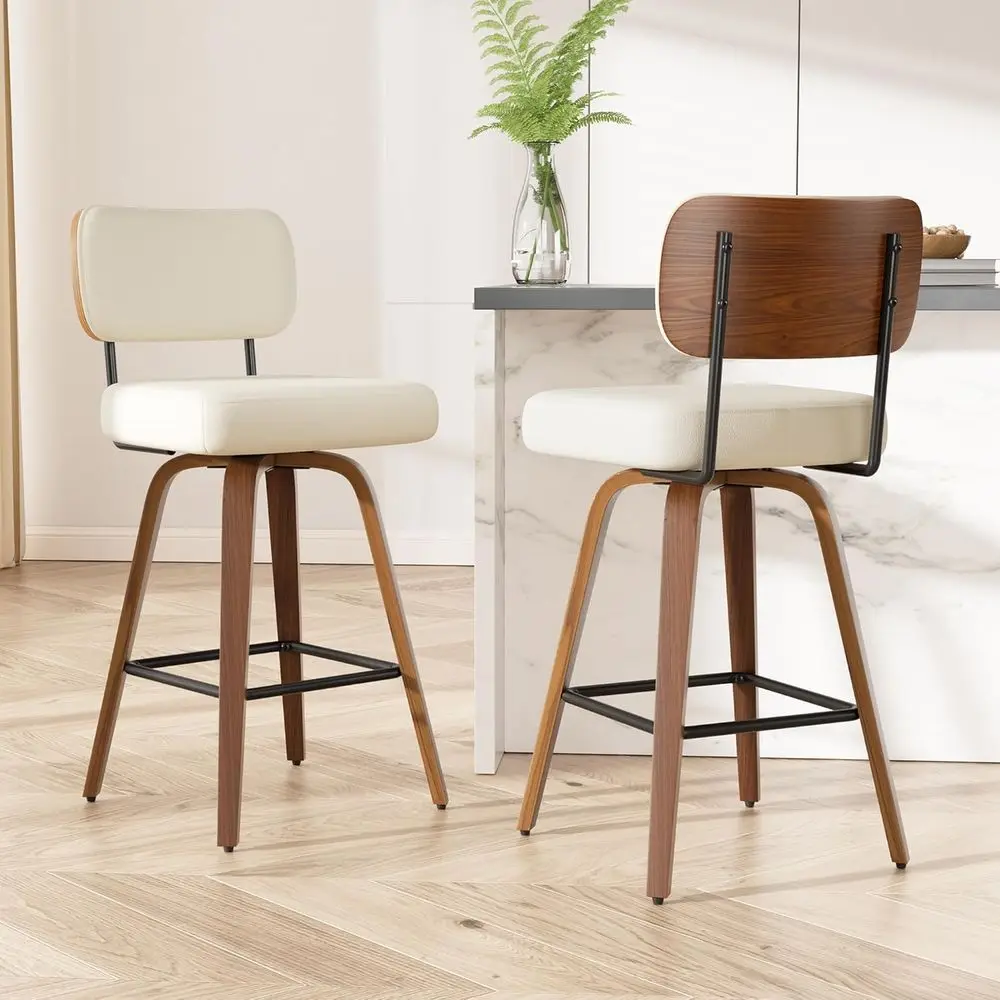 Swivel Bar Stools Set of 2, 26 Upholstered in Cream White Counter Height Barstools with Walnut Back & Bentwood Legs, Modern Bar
