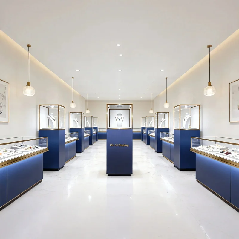 custom.Durable Eco-Friendly Modern Jewelry Showcase with Stainless Steel Frame LED Lighting Easy Clean Exhibition Showroom
