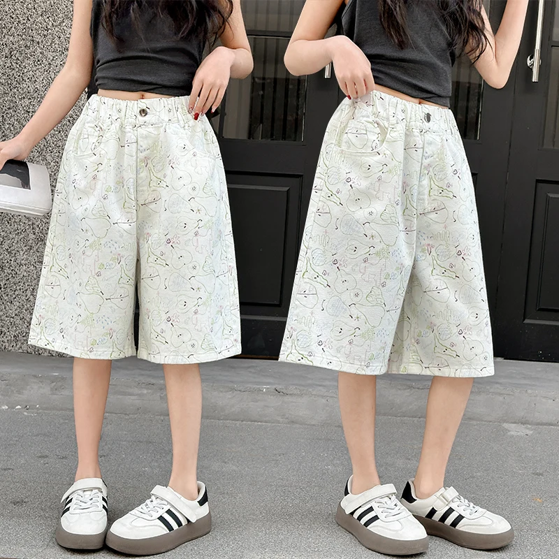 Teenager Girls Fashion Long White Cotton Shorts With Drawings Kids Children Street Style Summer Graffiti Shorts 5 6 8 10 12 14 Y