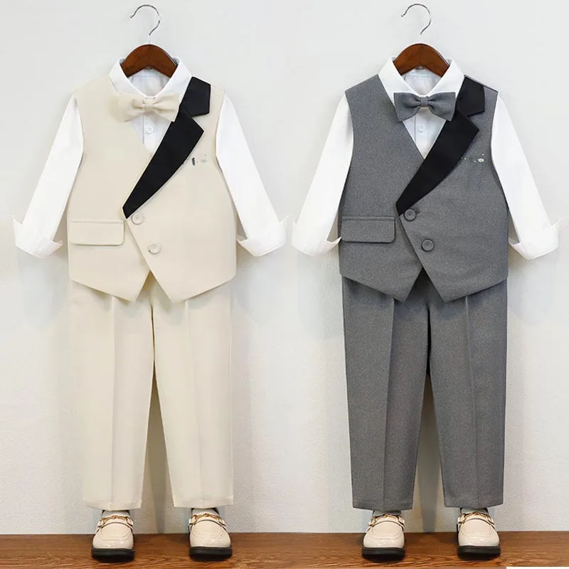 Kids Blazer Vest Set 2026 Spring Summer Elegant Formal Boys Weddings Suit Beige Hose Piano Performance Outfit for Children 10 y