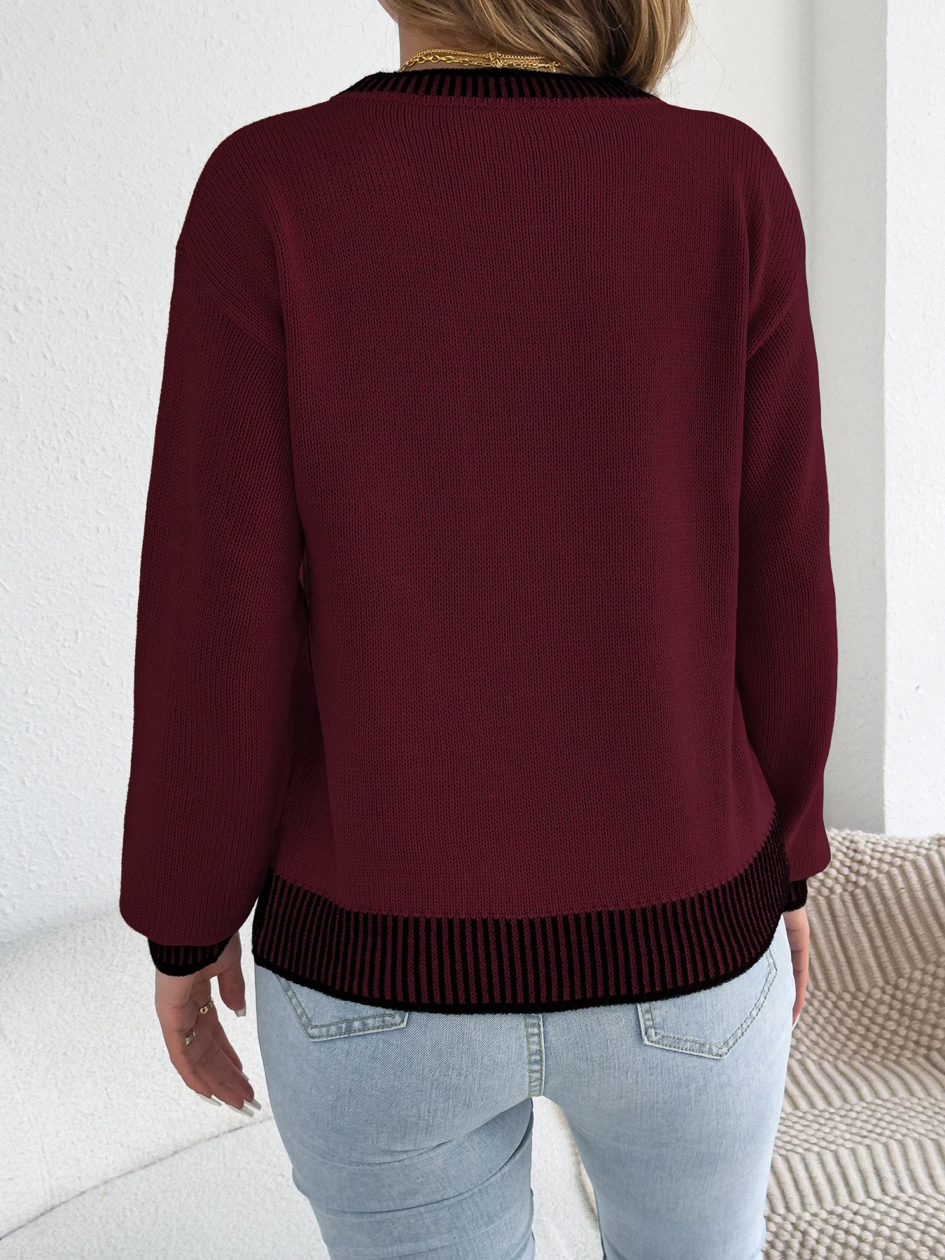 Striped Colorblock Crew Neck Pocket Pullover Sweater Long Sleeve Fall Winter