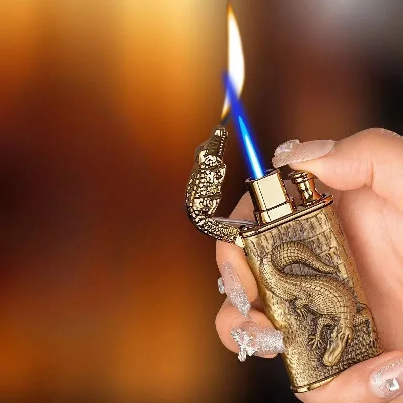 2023 3D Relief Dragon Crocodile Double Fire Lighter Metal Windproof Jet Fire Open Fire Conversion Gas Lighter Smoking Men's Gift