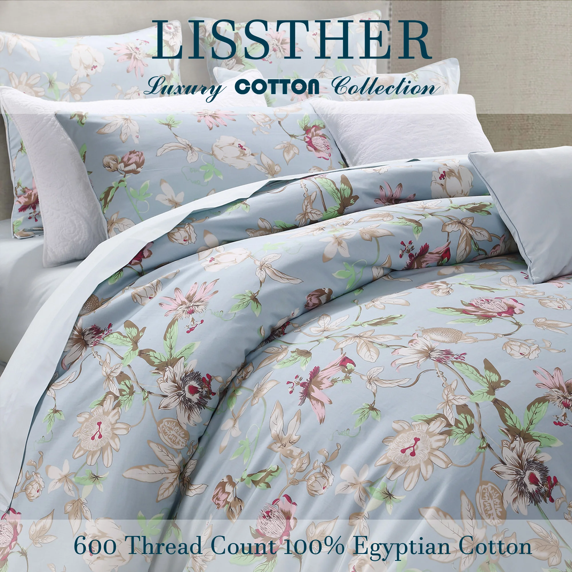 3pcs 600 TC 100% Egyptian Cotton Duvet Cover Set (Without Core), Vintage Classic Colorful Floral In Light Blue Bedding Set