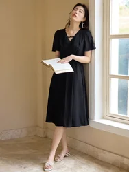 DUSHU French Style V-neck Elegant Casual Dress Summer New A-Line Long dress 2024 New Hepburn Style Ladies Dress 24DS82646