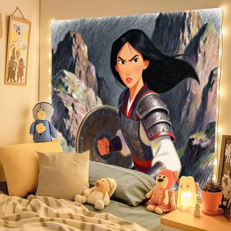 1 szt. Gobelin Disney Mulan Wojowniczka, Wyrazista Moc Dziewczyny Księżniczka Poliestrowa Dekoracja Ścienna do Salonu Sypialni Pokoju Studenckiego.