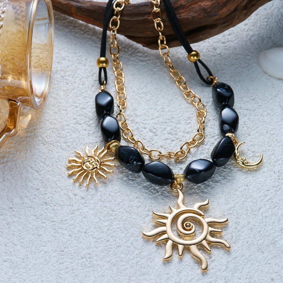 Doppelschichtige Unregelmäßige Schwarze Harzperlen Spiral-Sonne-Mond-Anhänger Halskette für Frauen und Männer Ethnischer Stil Sonnenblumen-Choker Schmuck – Detail 27