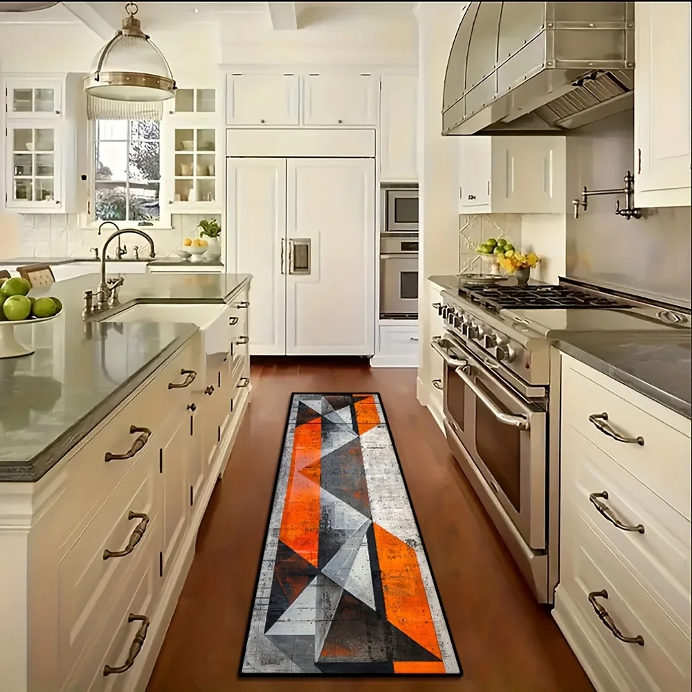 Gold-tone suede orange geometric pattern entryway rug for villas, suitable for arcades, cafes, hotels, hardwood floors