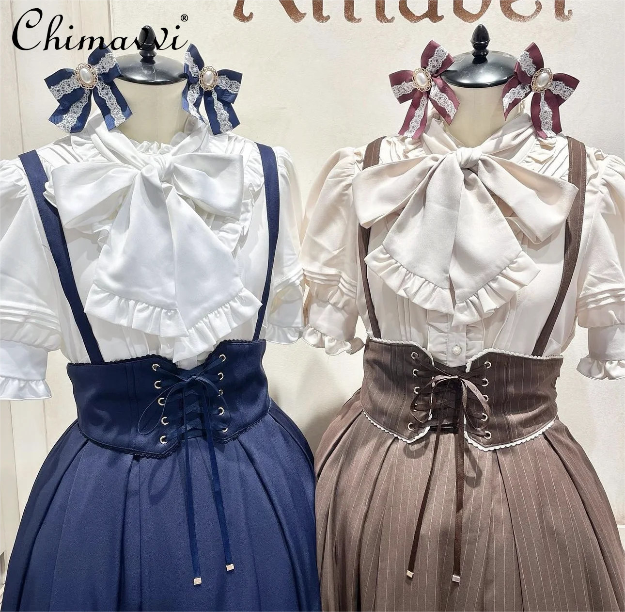 Summer New Japanese Style Sweet Cute Lace-up Bow Collar Short Sleeve Shirt Wooden Ear Bowknot Solid Color Top Ladies Blouses