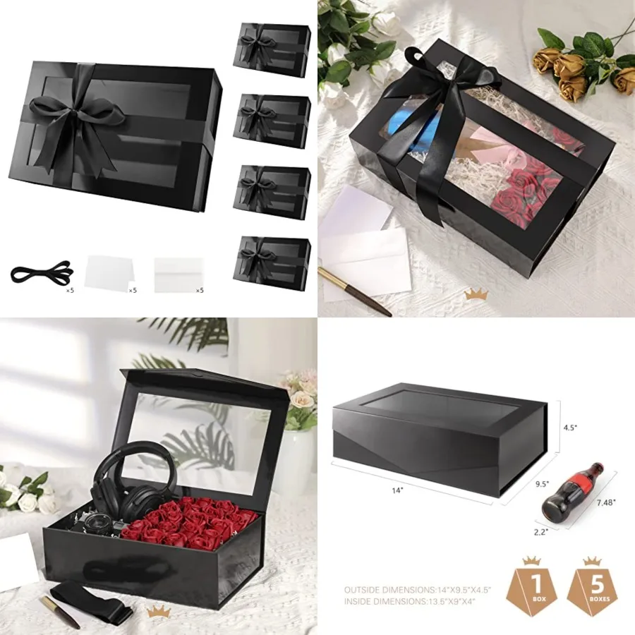 

5 Large Black Gift Boxes with Windows, 13.5x9x4.1 Inch Clear Gift Boxes for Presents Contain Ribbons, Cards, Groomsmen Proposal
