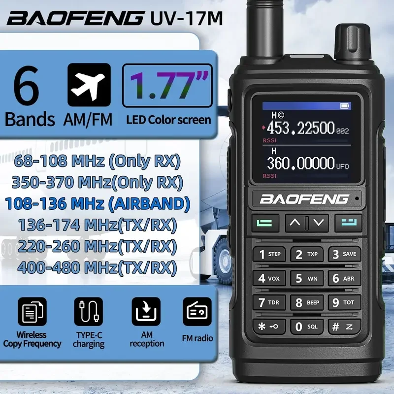 

BaoFeng UV 17M Walkie Talkie Air Band Wireless Copy Frequency Ham Radio Handheld Type-C 16 KM Long Range Two Way Radio UV 5R K5