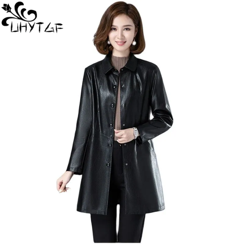 UHYTGF – veste en cuir de mouton pour femme, manteau mi-long, ample, élégant, Trench en cuir, taille 5XL, collection automne 2345