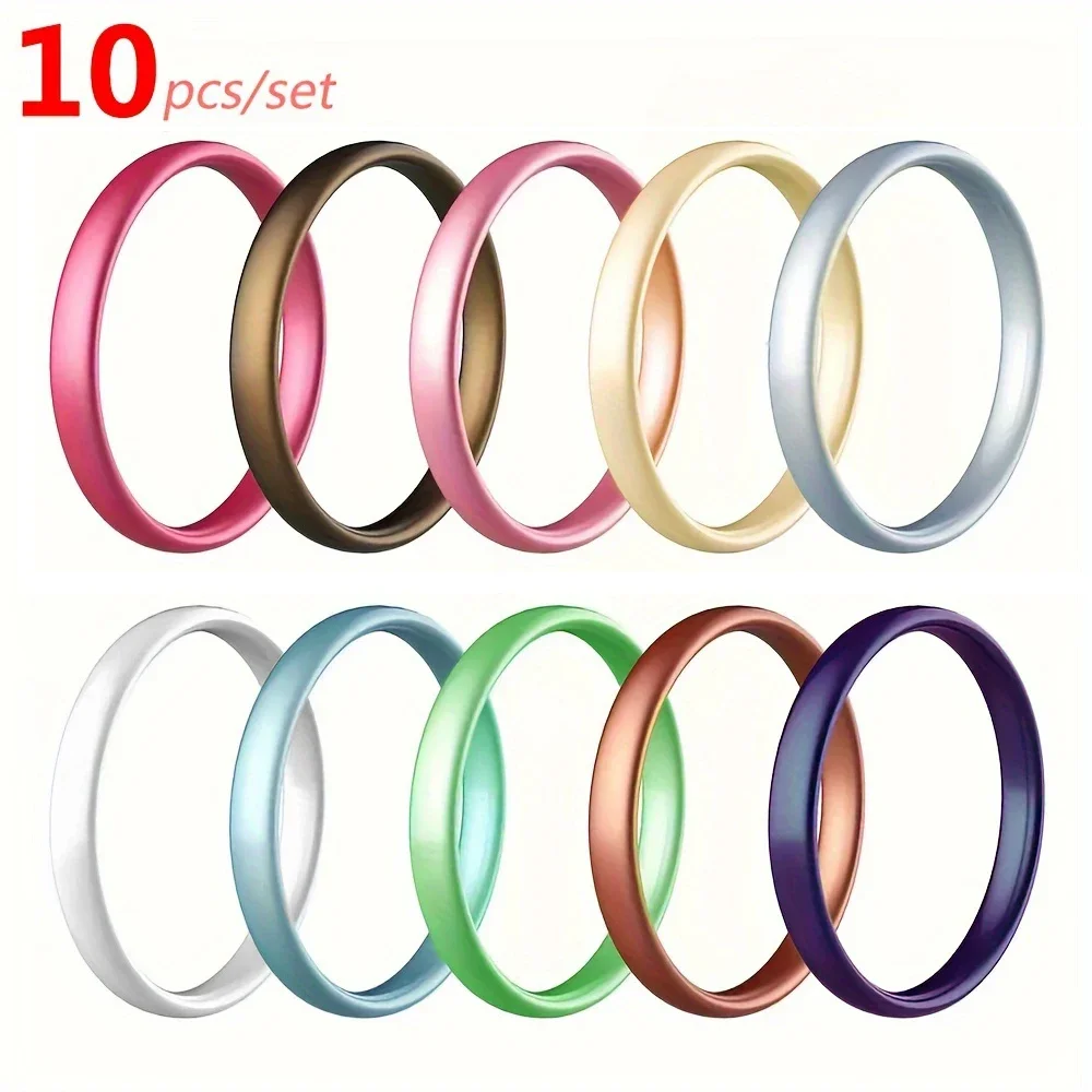 10pcs/set 3mm Sporty Silicone Ring Pearlescent 10 Color for Women Comfortable Wedding Flexible Finger Rings Sports Running