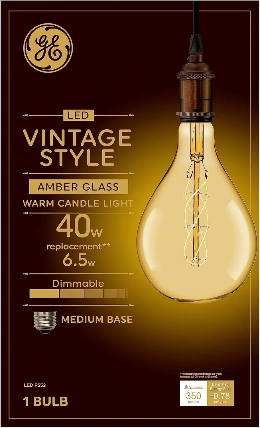 

Vintage LED Light Bulb, 40W Equivalent, Amber, Large Pear Shape, Dimmable, 1 Pack