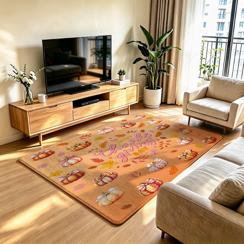 Thanksgiving Pumpkin Maple Leaf Orange Felt Rug Living Room Non-Slip Floor Mat for Thanksgiving Home Decor