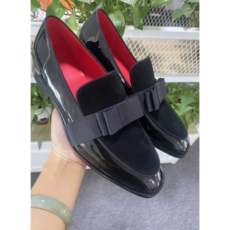 New Fashion Luxury Patchwork Mens Loafers With Bow Black Patent Leather Shoes Men Dress Shoes Flats Party And Wedding Shoes