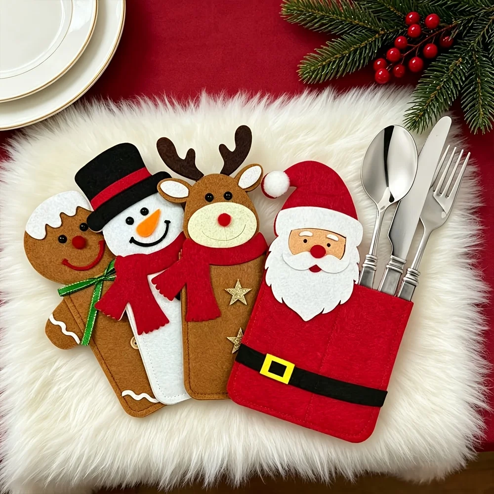 4Pcs Christmas Santa Claus Cutlery Bag, Cartoon Knife Fork Holder Pouch Xmas Table Decorative Tableware Sleeve for Holiday Party