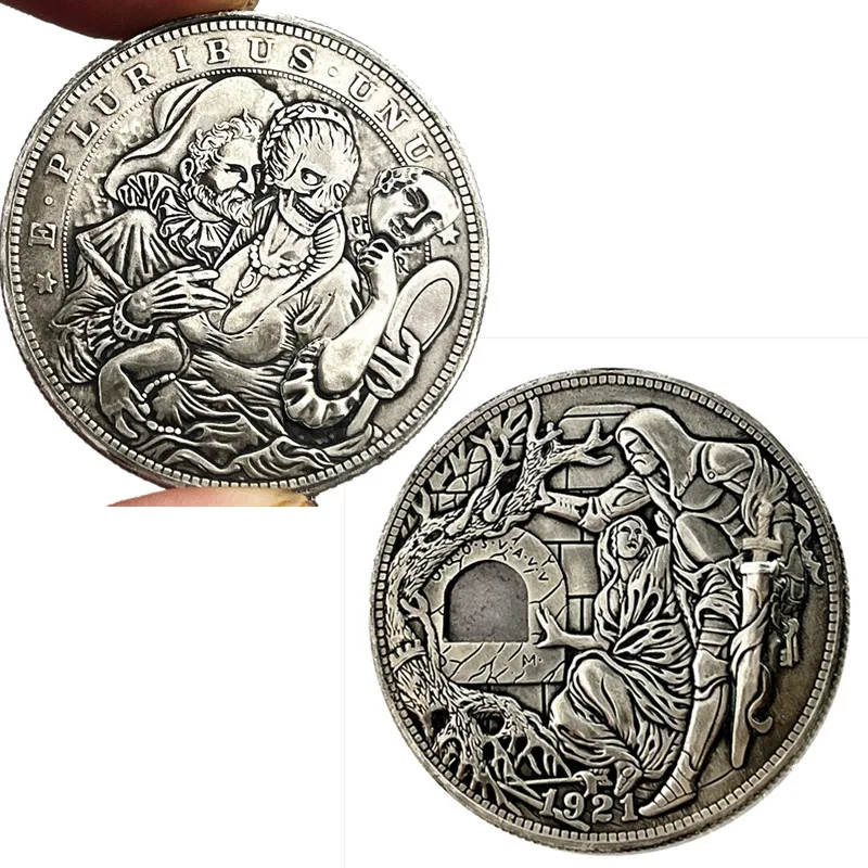 Mechanism Movable Hobo Nickel Morgan Dollar Coin Amazing Art Mask Girl/Holy Grail 2pcs Creative Gift