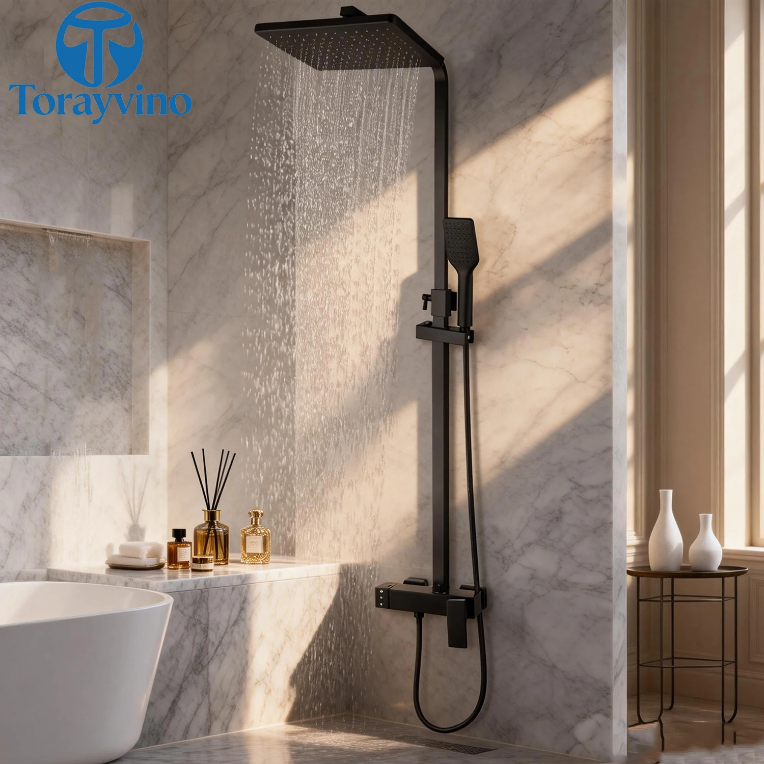 

Torayvino Matte Black Shower Set Bathroom Faucet Brushed Gold Rainfall Head With Third Gear Handheld Shower Wall Mounted Mixer