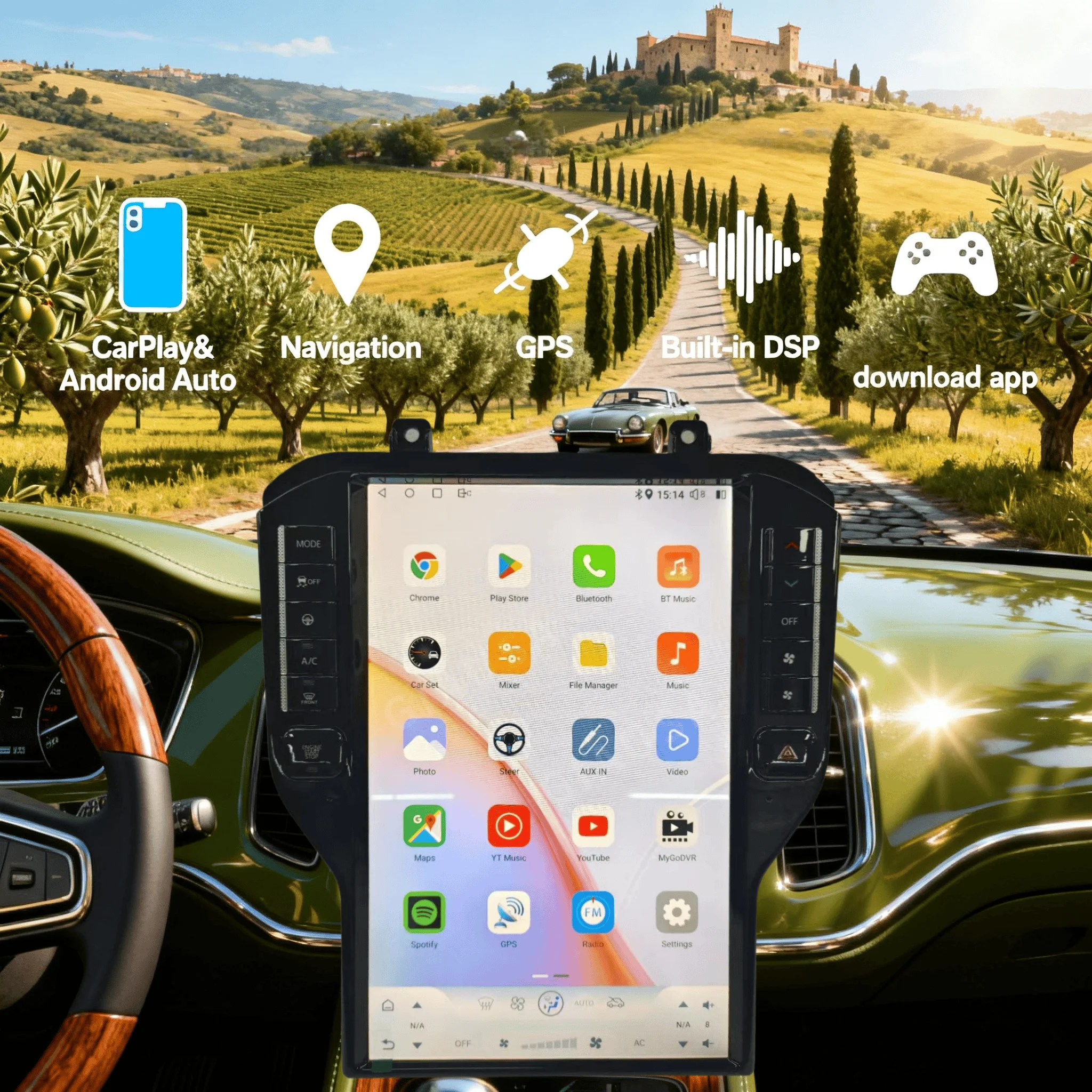 

14,5-дюймовый автомобильный радиоприемник с сенсорным экраном Android 14, для Ford Mustang 2015 2016 2017-2023, мультимедийный стереоплеер Carplay, GPS-налобник