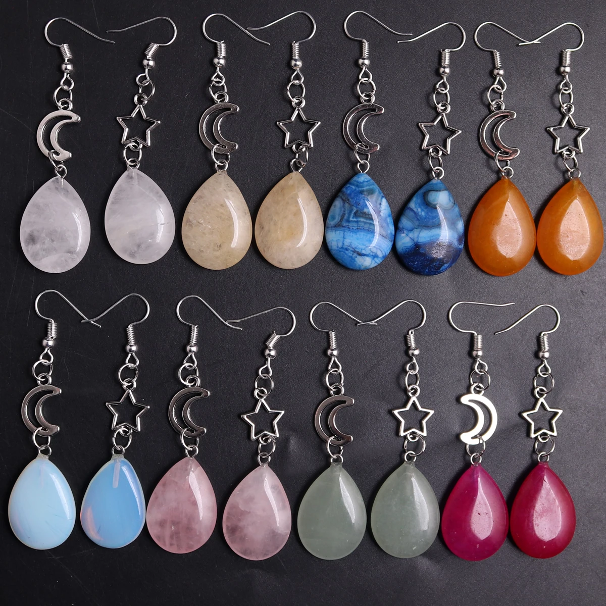 1Pair Bohemia  Dopamine Color Water Drop Natural Crystal Stone Rose Quartz Moon Sun Alloy Long Healing Earrings Jewelry