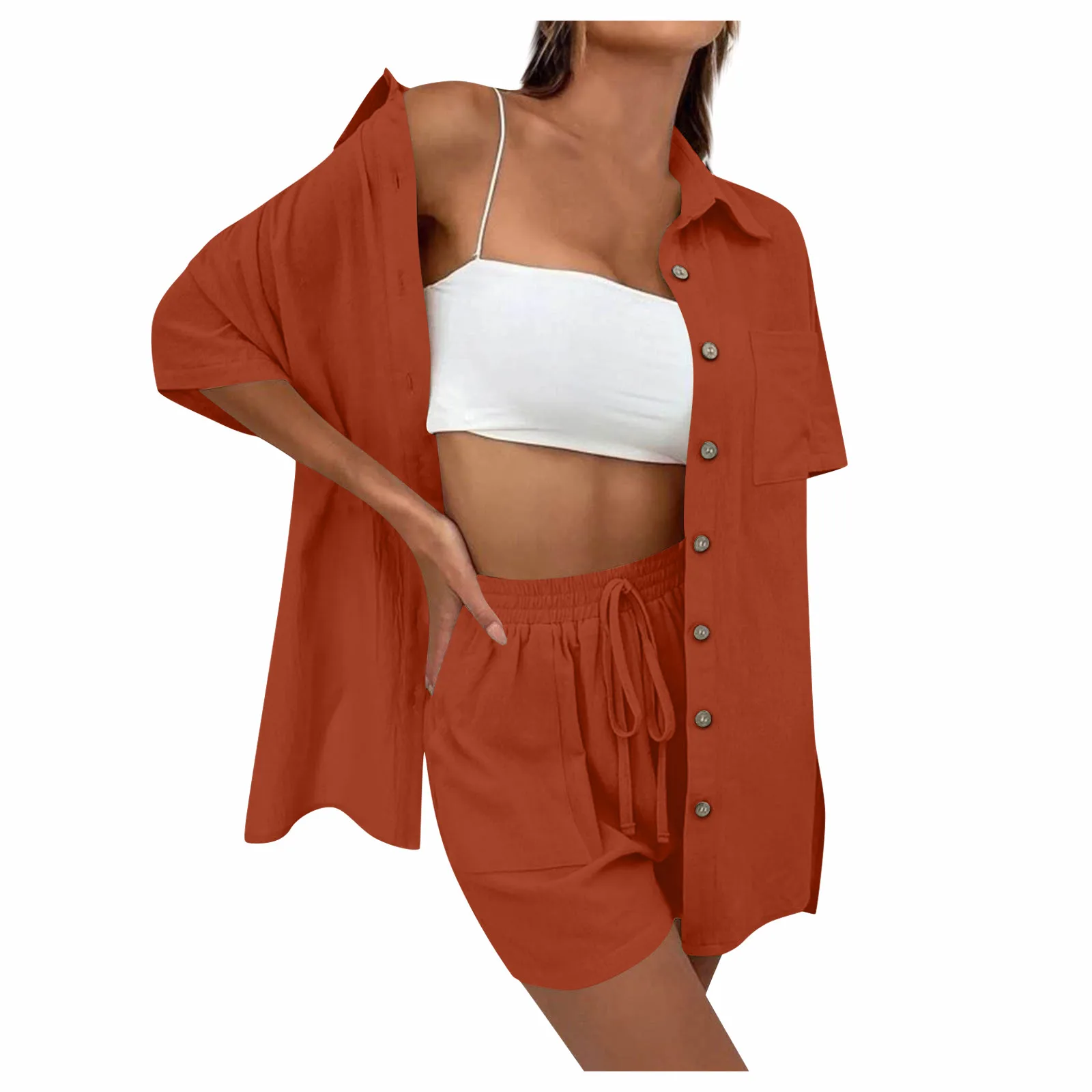 Ladies’ Solid Color Fashion Half-sleeved Cardigan Shirt Top Tie Front Pocket Drawstring Shorts Sports Casual Loose Soft Set