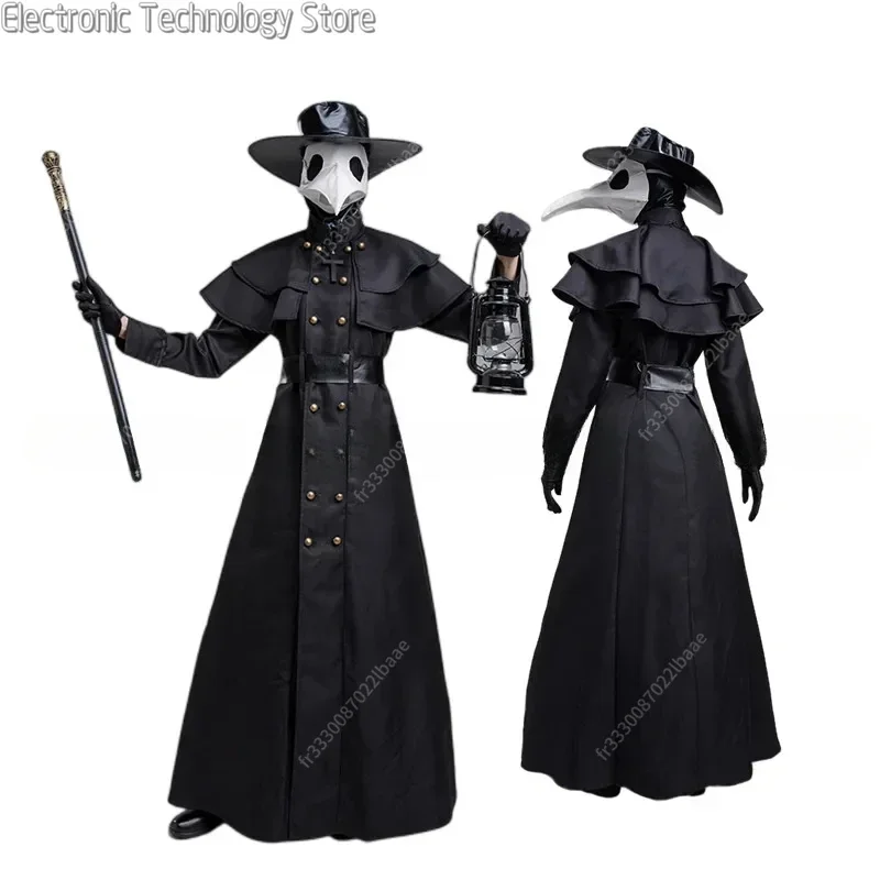 Halloween Medieval Hooded Robe Plague Doctor Costume Mask Hat for Men Monk Cosplay Steampunk Priest Horror Wizard Cloak Cape 5XL