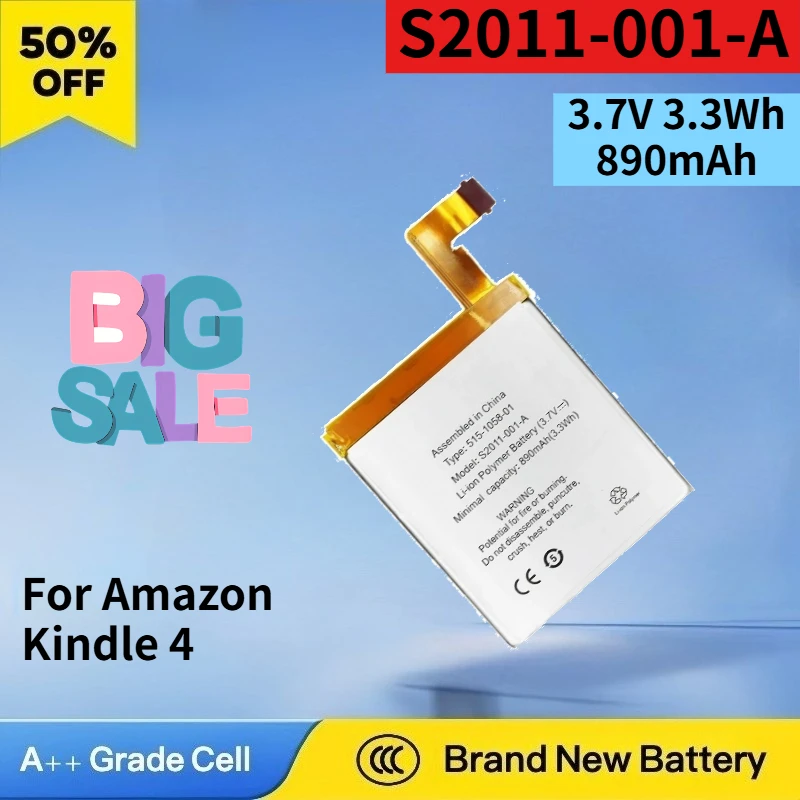 New S2011-001-A 3.7V 3.3Wh 890mAh Li-ion Battery for Amazon Kindle 4 D01100 515-1058-01 MC-265360 High Quality E-Reader Battery
