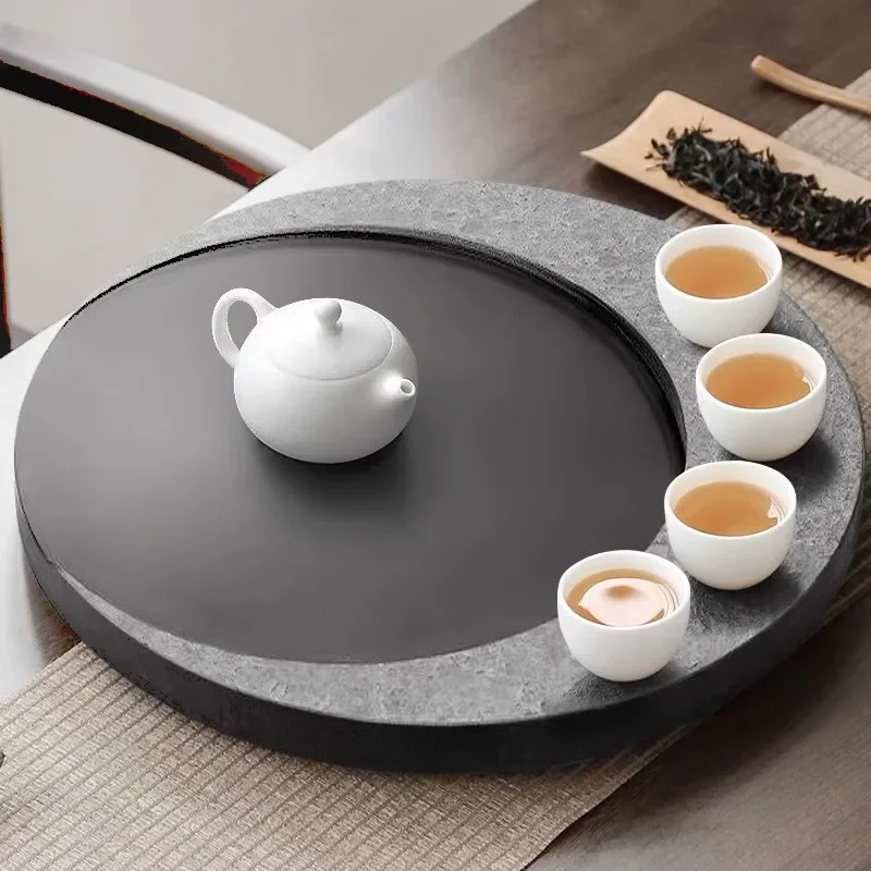 

Round Natural Black-Gold Stone Tea Tray Zen Tea Table Set Board Feng Shui Brings Fortune