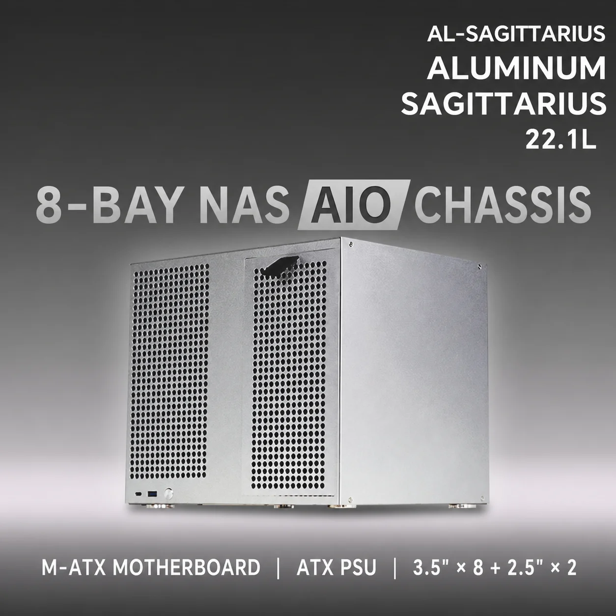 Sagittarius Aluminum Panel 8 Bay NAS Case Home Server Chassis - view 3