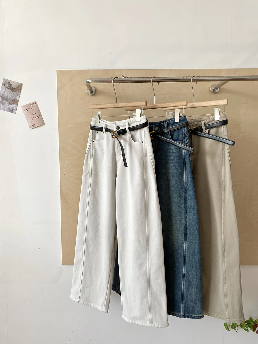 

Ретро джинсы с флисовой подкладкой и высокой талией в городском стиле, зима 2025, новая американская мода, универсальные широкие длинные брюки для женщин