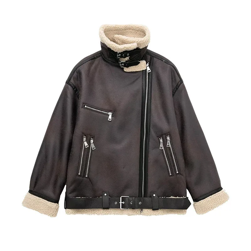 Vintage Women Short Faux Lamb Wool Leather Jacket With Belt Winter New Korean Casual Lapel Long Sleeve Thick Warm Female Outwear