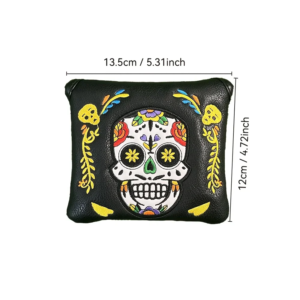 Capa de cabeça de taco de golfe magnética com tema de caveira, couro sintético durável, cabe em tacos quadrados, presente perfeito para jogadores de golfe masculinos.