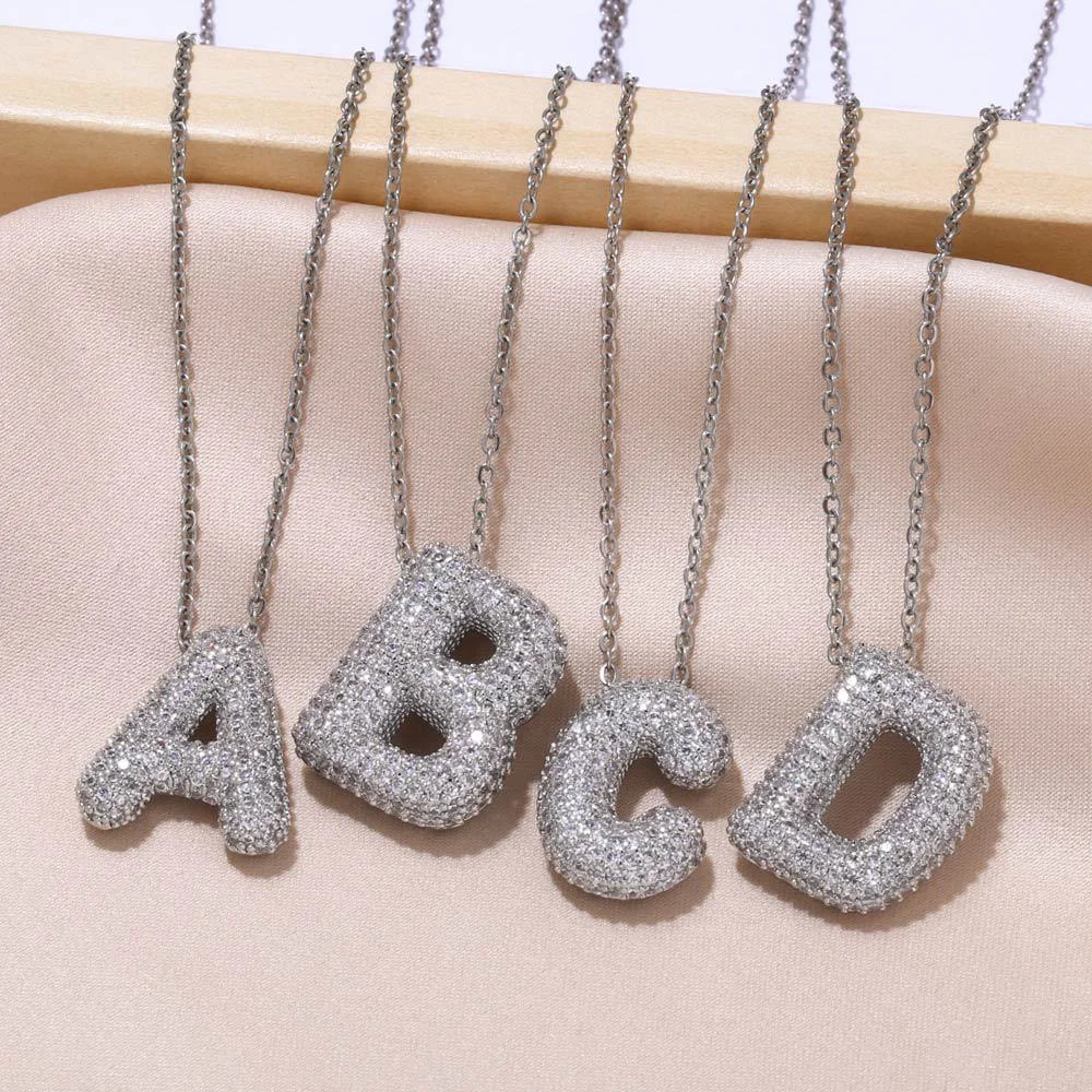 

LeeChee Rhinestones Custom Bubble Letter Necklace Personalized Silver Color Zircon Pendant Jewelry Party Gift