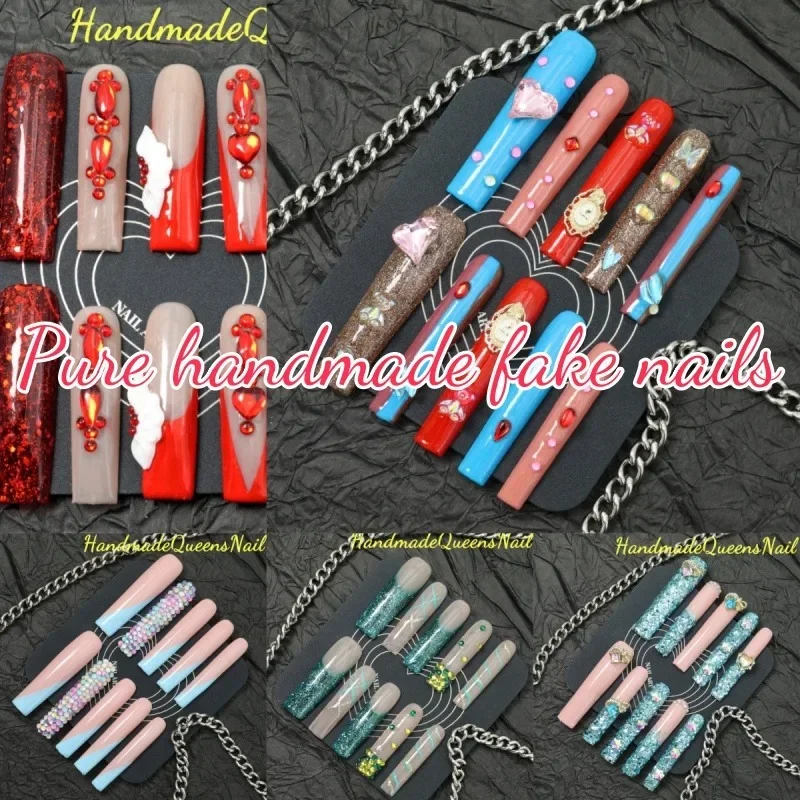 

10 Pieces of Handmade Press-on False Nails, Extra Long Ballet-style Nail Art Set, Various Styles, Various Choices of Nail Gems