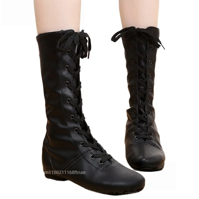 Chaussures de danse pour enfants, chaussures de danse Jazz montantes en Pu à semelles souples, spectacle de ballet pour adultes en cuir noir, chaussures de danse pour filles