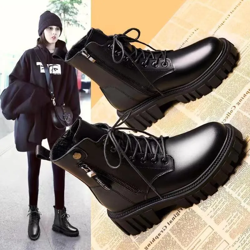 2024 Black New Women Ankle Boots Autumn Winter Platform Zipper Women Punk Boots Thick Sole Lace Up Combat Booties Female Mujer