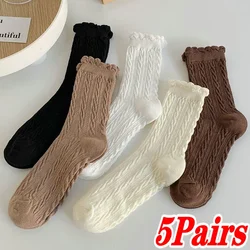 5 Đôi Xuân Hè Thoáng Khí Giữa Ống Vớ Nữ Cotton Xoắn Nhật Bản Màu Trơn Phối Ren Bong Bóng Miệng cọc Tất