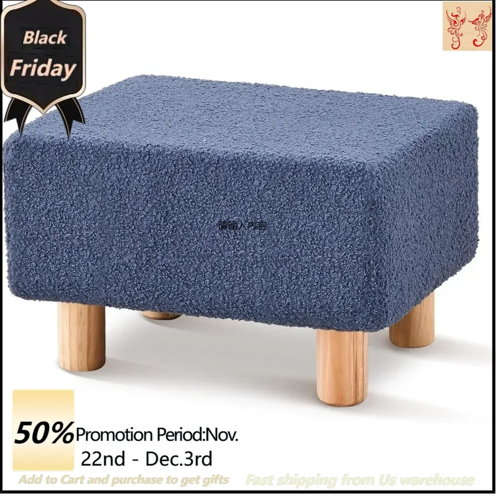 

Footstool, footrest with soft upholstered seat, teddy velvet footstool with wooden legs, small square stool for living room