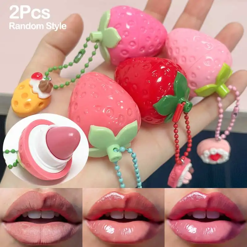 Strawberry Lip Balm 2Pcs Random Style Cute Fruit Shape Moisturizing Lip Gloss Temperature Change Color Lip Care Student Daily Ma