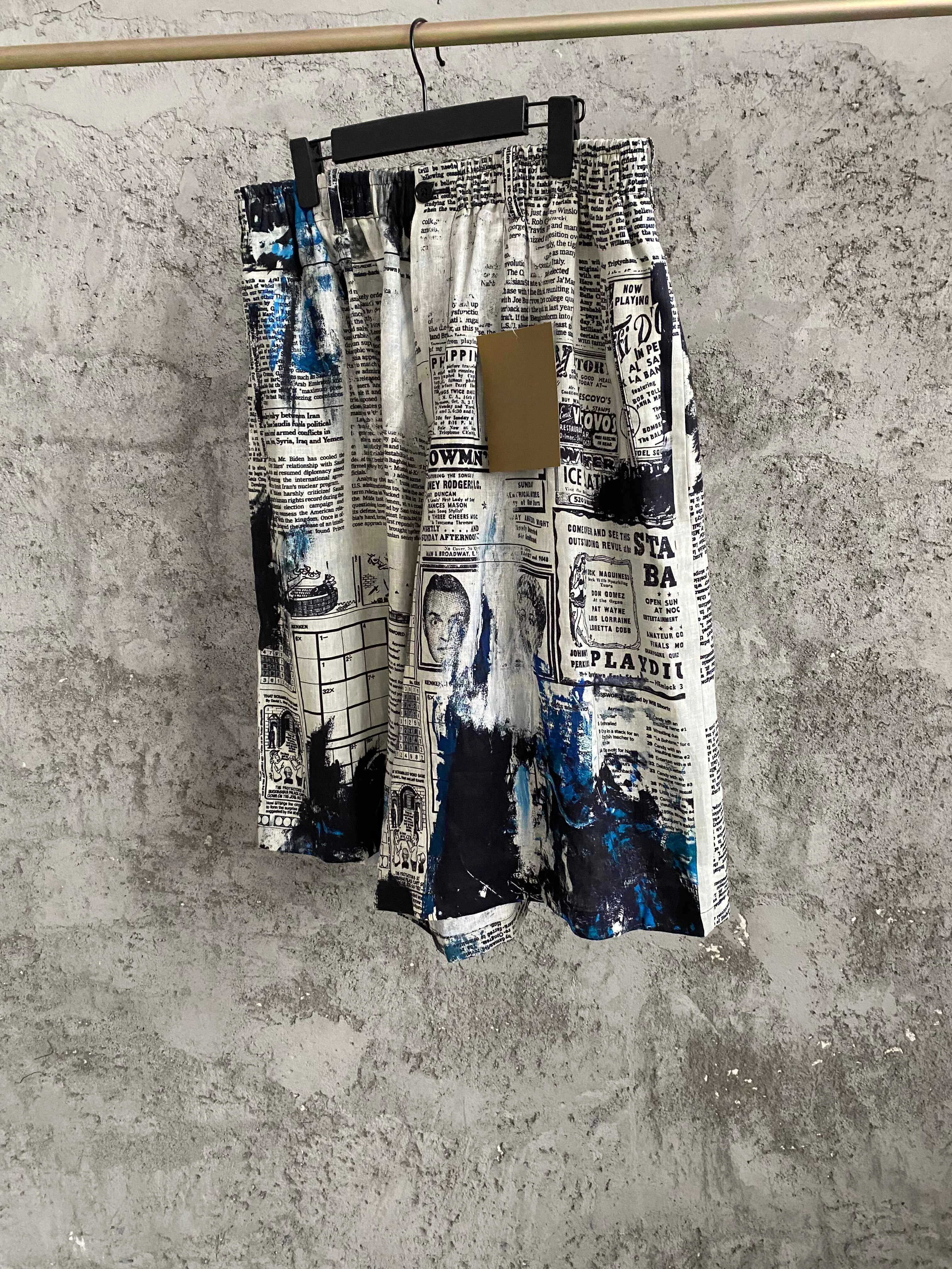 TOP-YAMAMOTO paint newspaper print capri pants workwear shorts men hip-hop street
