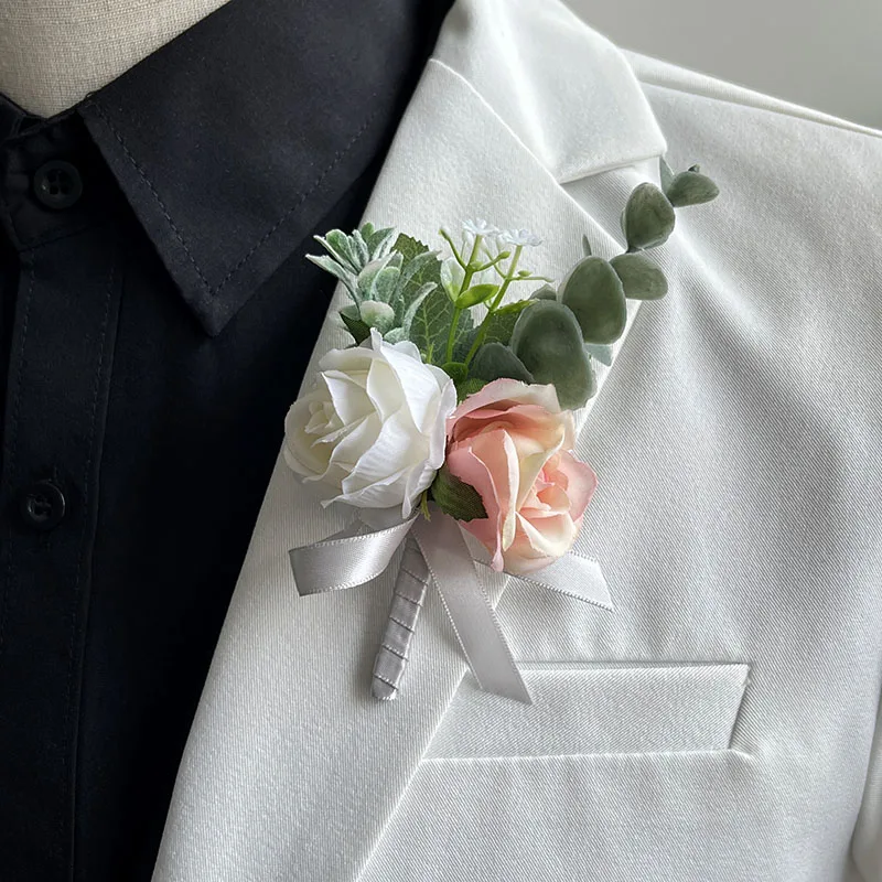 Corpetto sposo Boutonniere accessori da sposa spilla rose di seta fatte a mano braccialetto finto damigelle d'onore Buttonhole fiori Prom Decor