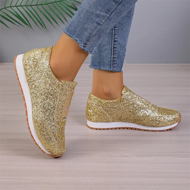 2024 Autumn New Fashion Slip-on Low-heeled Women\'s Sneakers Gold Silver Trend Sport Shoes Ladies Outdoor Casual Walking Shoes