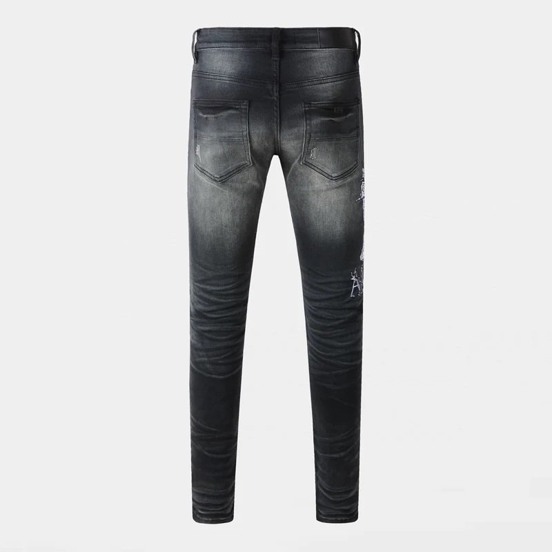 Y2K Street Fashion New Black Grey Jeans Washed Nostalgic Stretch Slimming Retro Embroidered Jeans Hip Hop Brand Design Brand Pa
