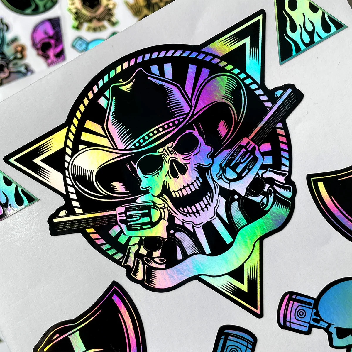 Retro Skull Rider Laser Rainbow Motorcycle Stickers Moto Bike Body Helmet Decals Accessories for Harley Triumph Royal-Enfield