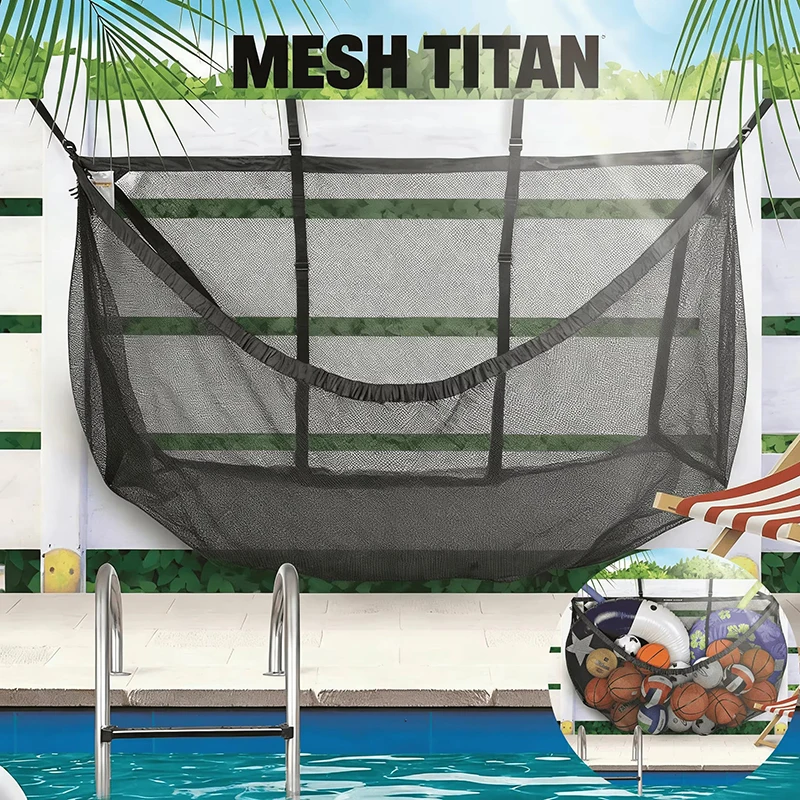 Large Hanging Pool Storage Mesh Bag - Net Organizer for Pool Toys Inflatables Swim Rings & Balls Adjustable Strap Outdoor