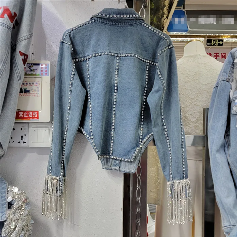 Frühling Herbst Straße Denim Jacke Frauen Kette Quaste Diamant Revers Langarm Einreiher Tops Jean Mäntel Weibliche Oberbekleidung